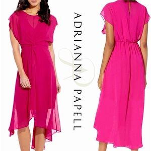 Adrianna Papell Sheer A-line Chiffon HiLo Midi Dress Twist - Hot Pink Magenta 6